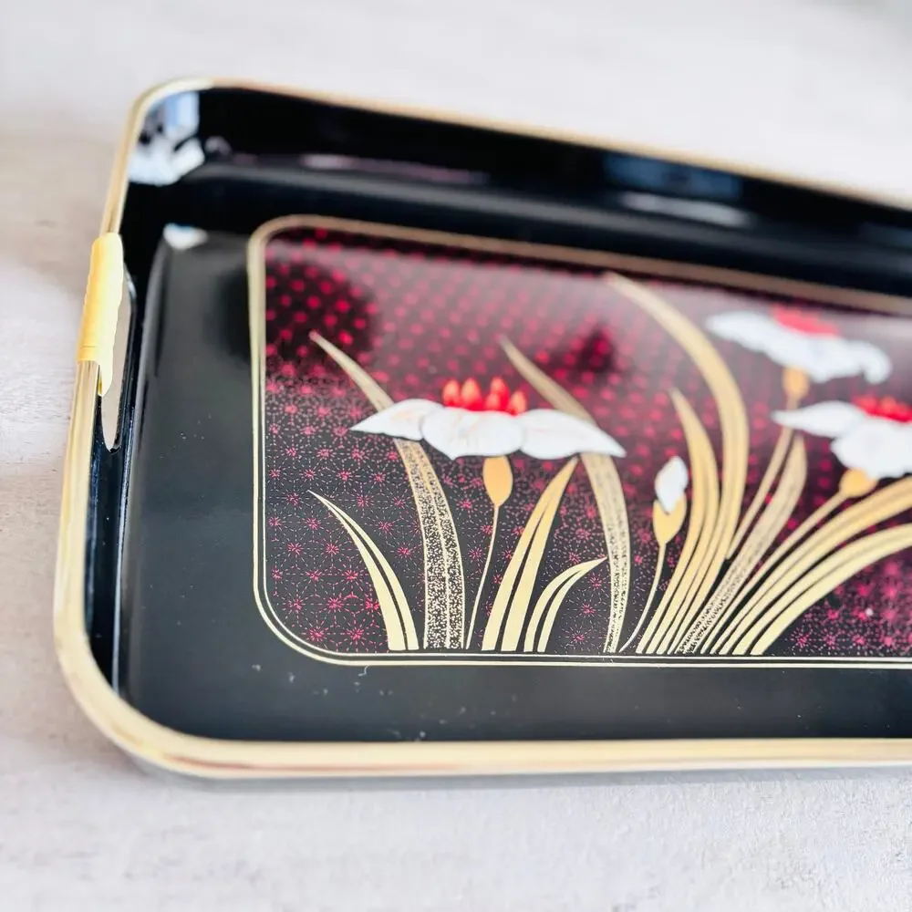 Otagiri Golden Mist Lacquer Service Tray Japan Black Gold Iris 18